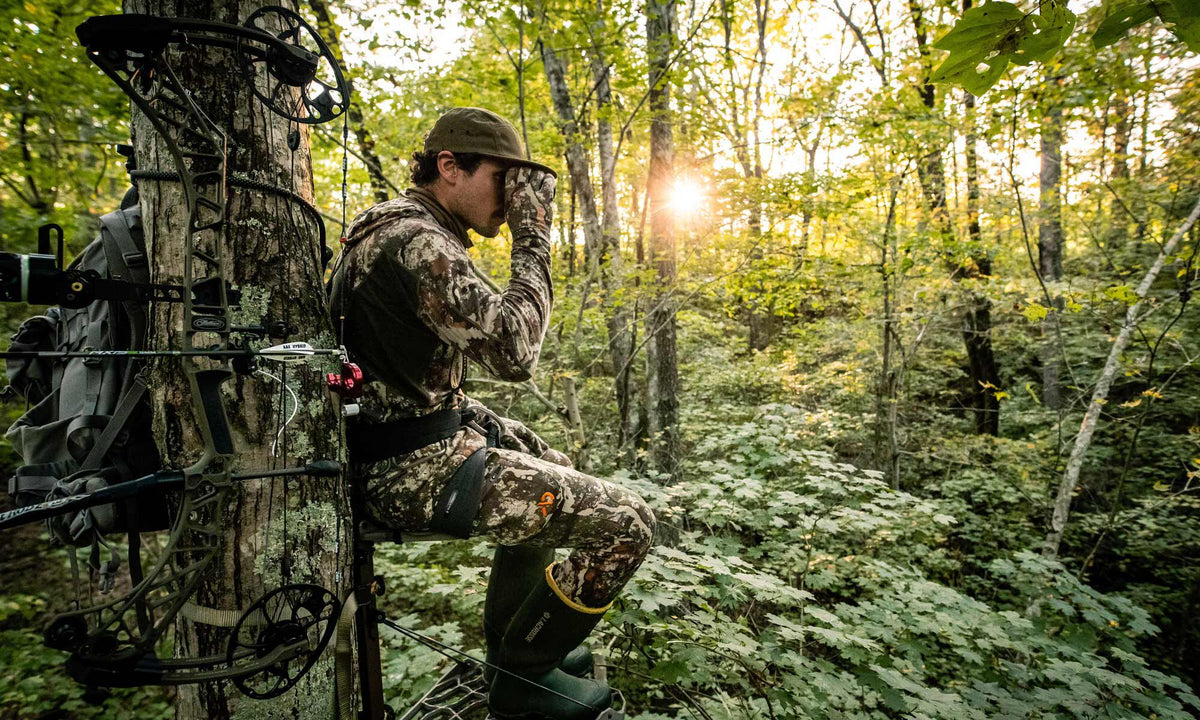 Camo hunter in tree stand with compound bow, scouting sunlit forest at sunset.