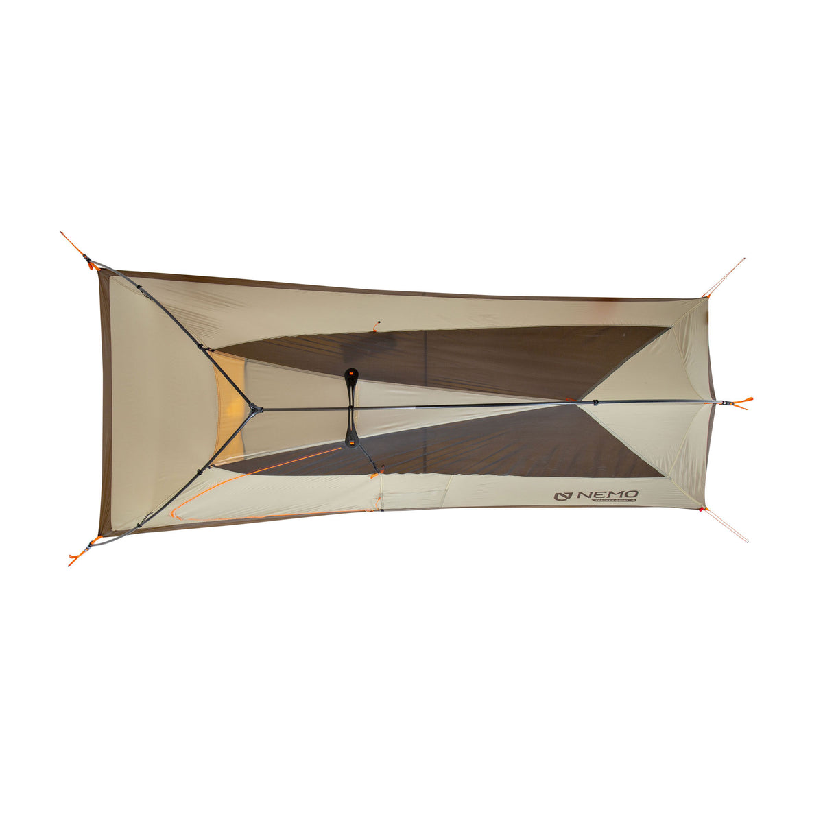 Overhead view of a rectangular beige and brown Nemo Tracker Osmo 1P backpacking tent, showing mesh panels and orange guide lines.