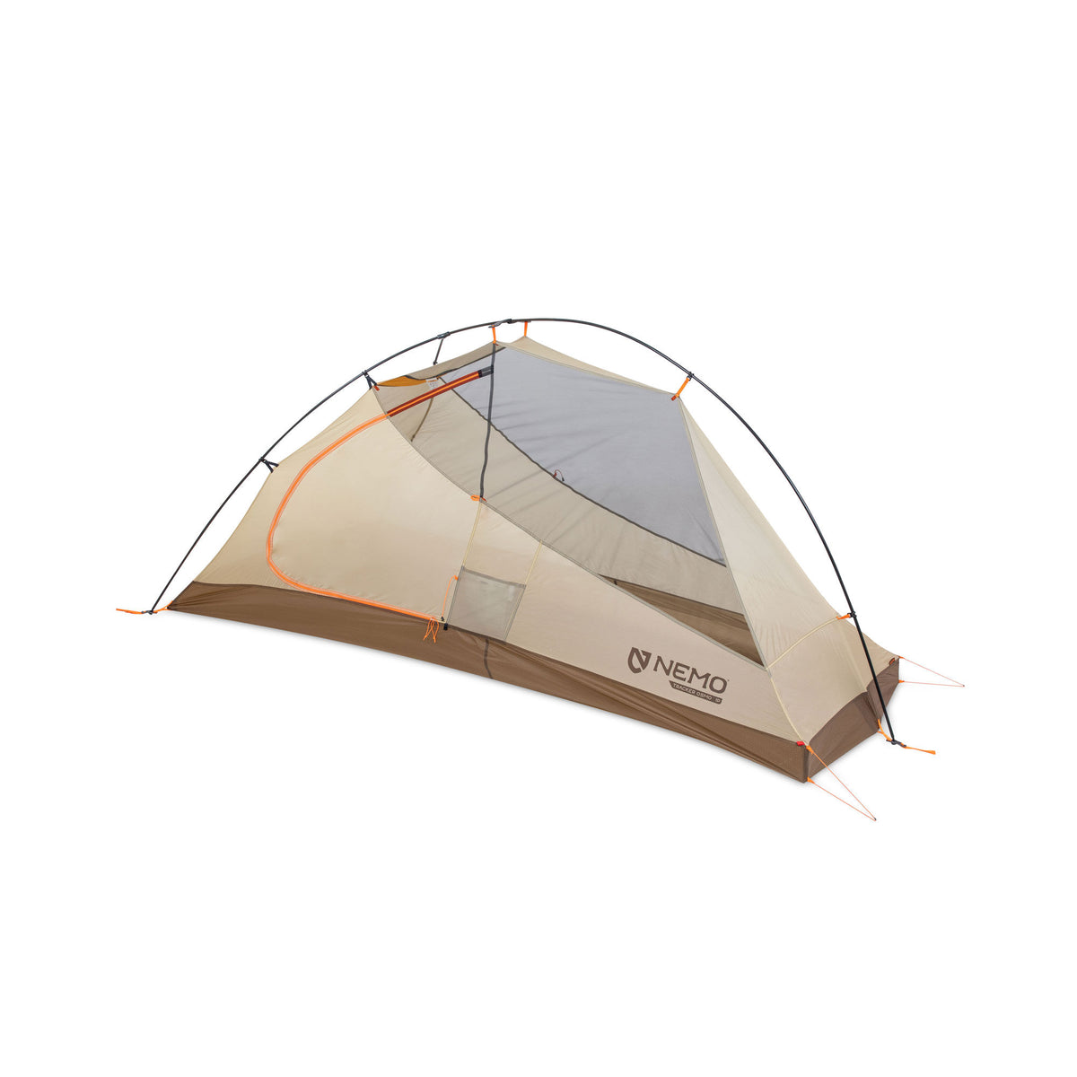 A beige and brown Nemo Tracker Osmo 1P tent with orange accents and a large grey mesh panel.