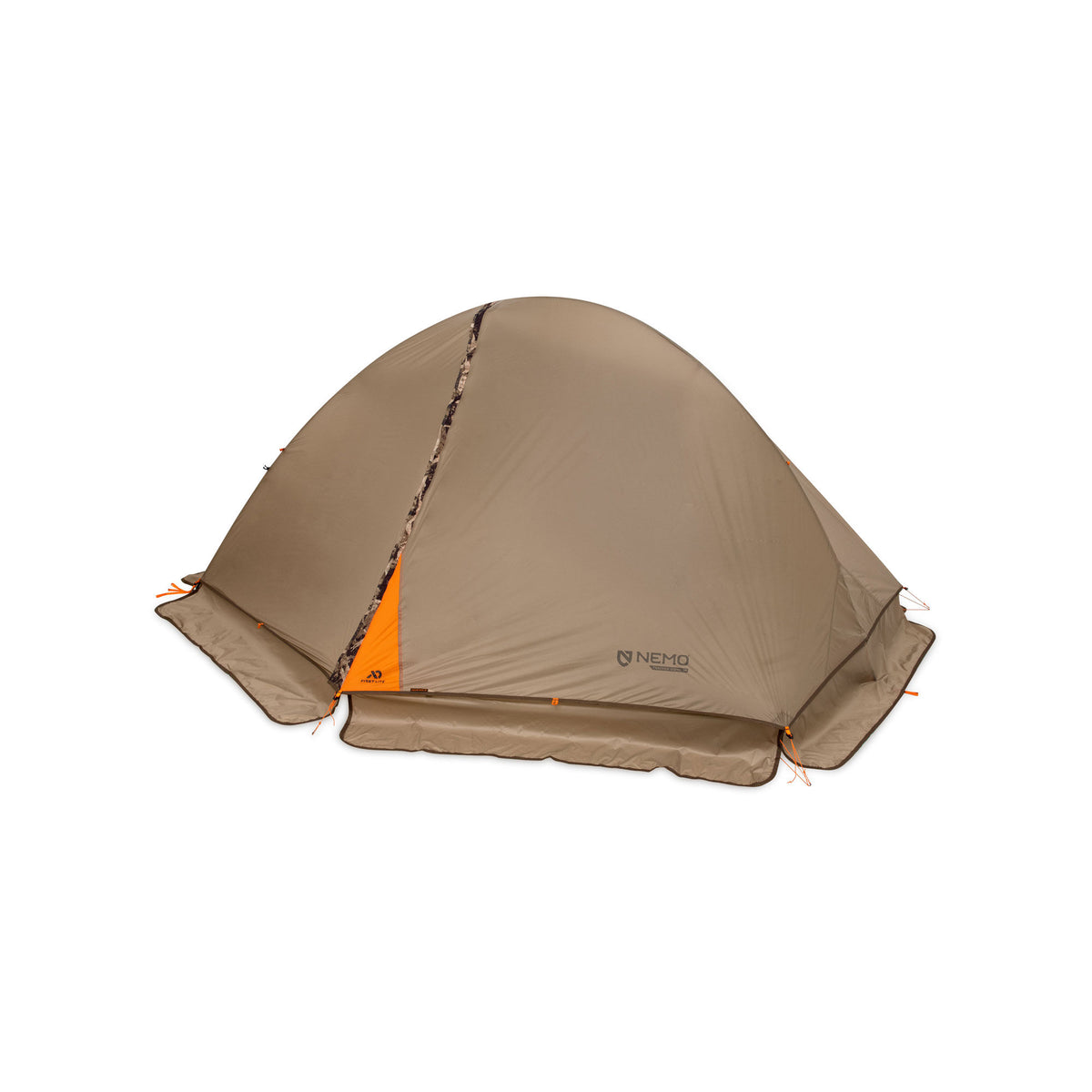 Coyote brown dome tent with an orange front panel, camouflage-patterned zipper, and Nemo and First Lite logos.