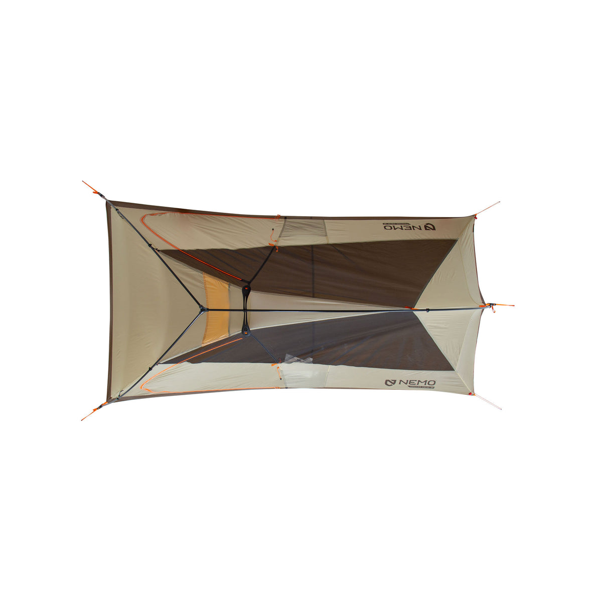 Nemo Tracker Osmo 2P inner tent, beige and dark brown mesh panels with orange accents, viewed from above.