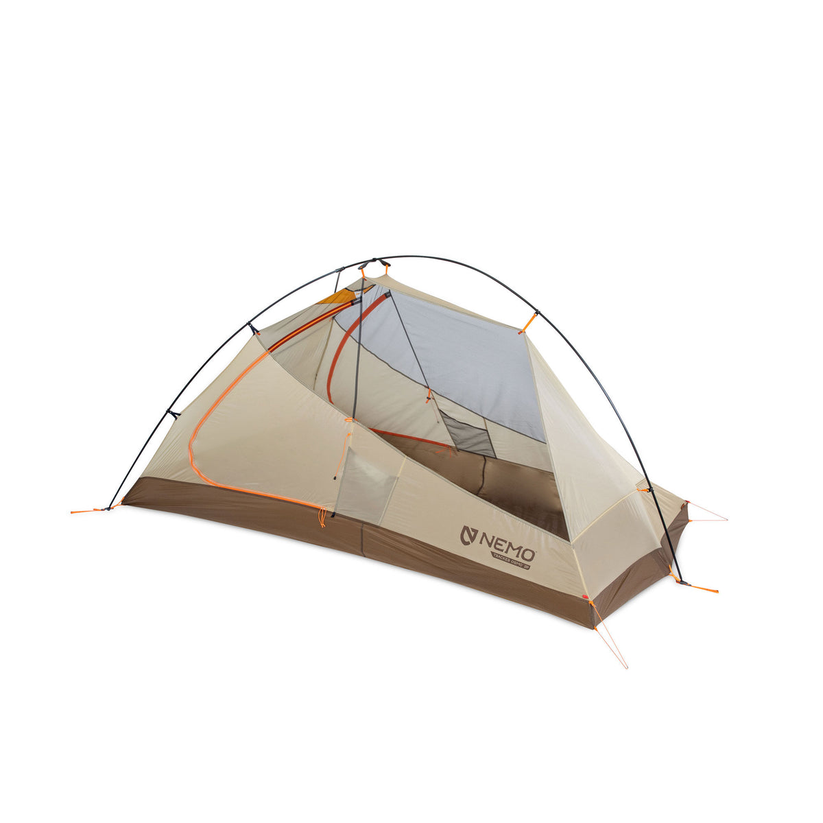 A tan and brown NEMO Tracker Osmo 2P camping tent with orange trim, set up with its front door open.