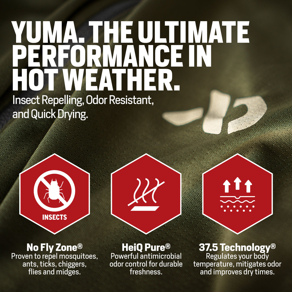 Close-up of olive-green performance fabric with white YUMA branding and text detailing its insect-repelling, odor-resistant, and quick-drying properties, illustrated by three red hexagonal feature icons.