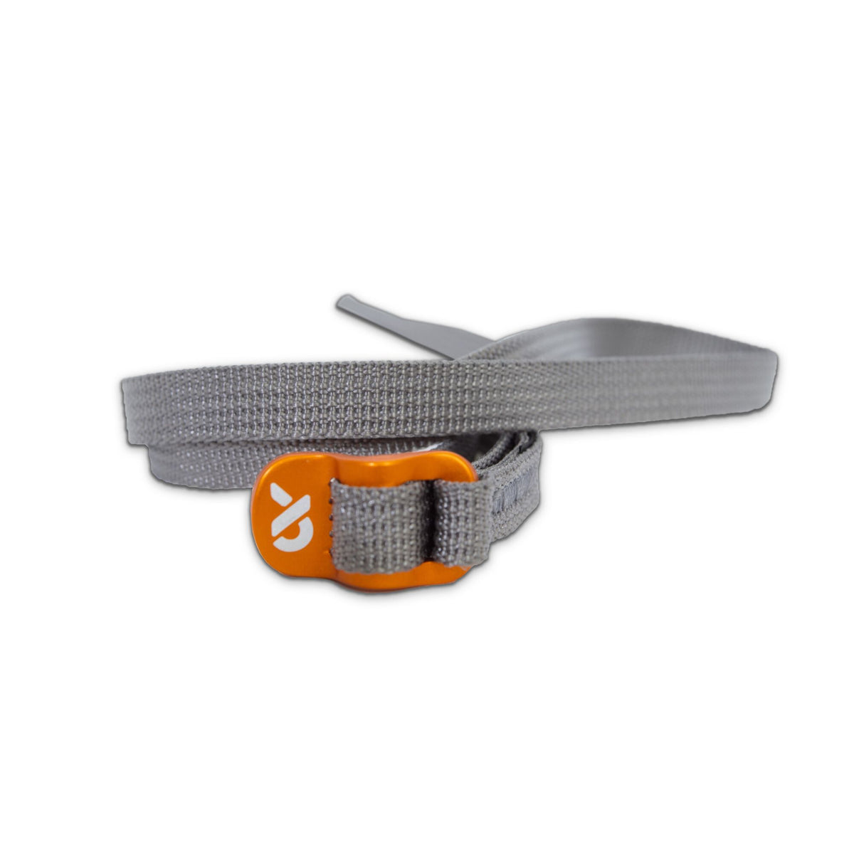 Grey webbing strap with an orange buckle featuring a white logo.