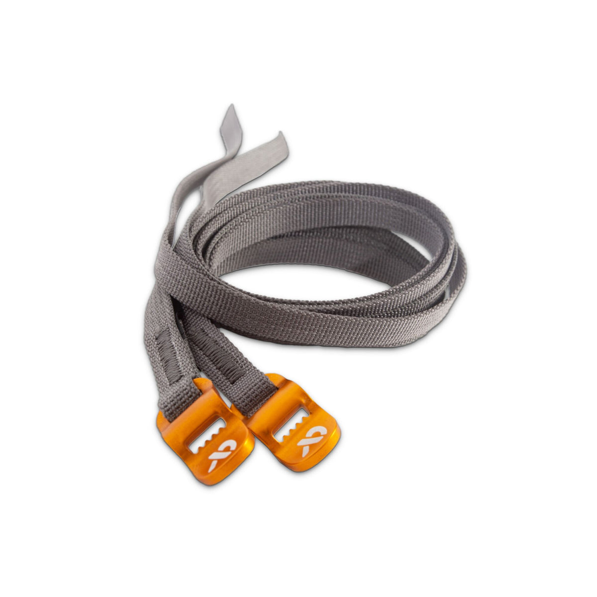 Coiled grey utility straps with two orange cam buckles displaying a white logo.