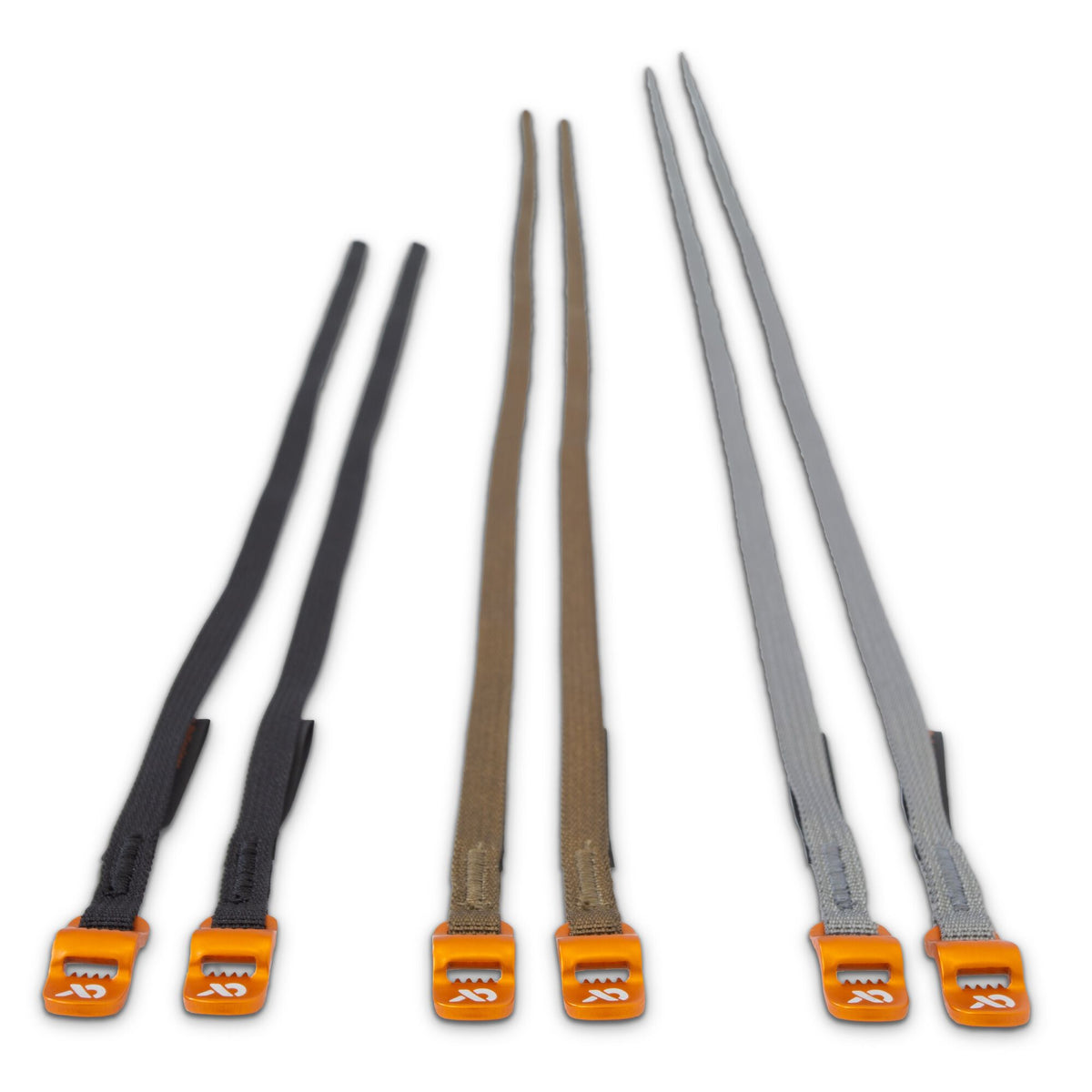 Six utility straps in dark gray, olive, and light gray, each with an orange buckle featuring an X-logo and serrated teeth.