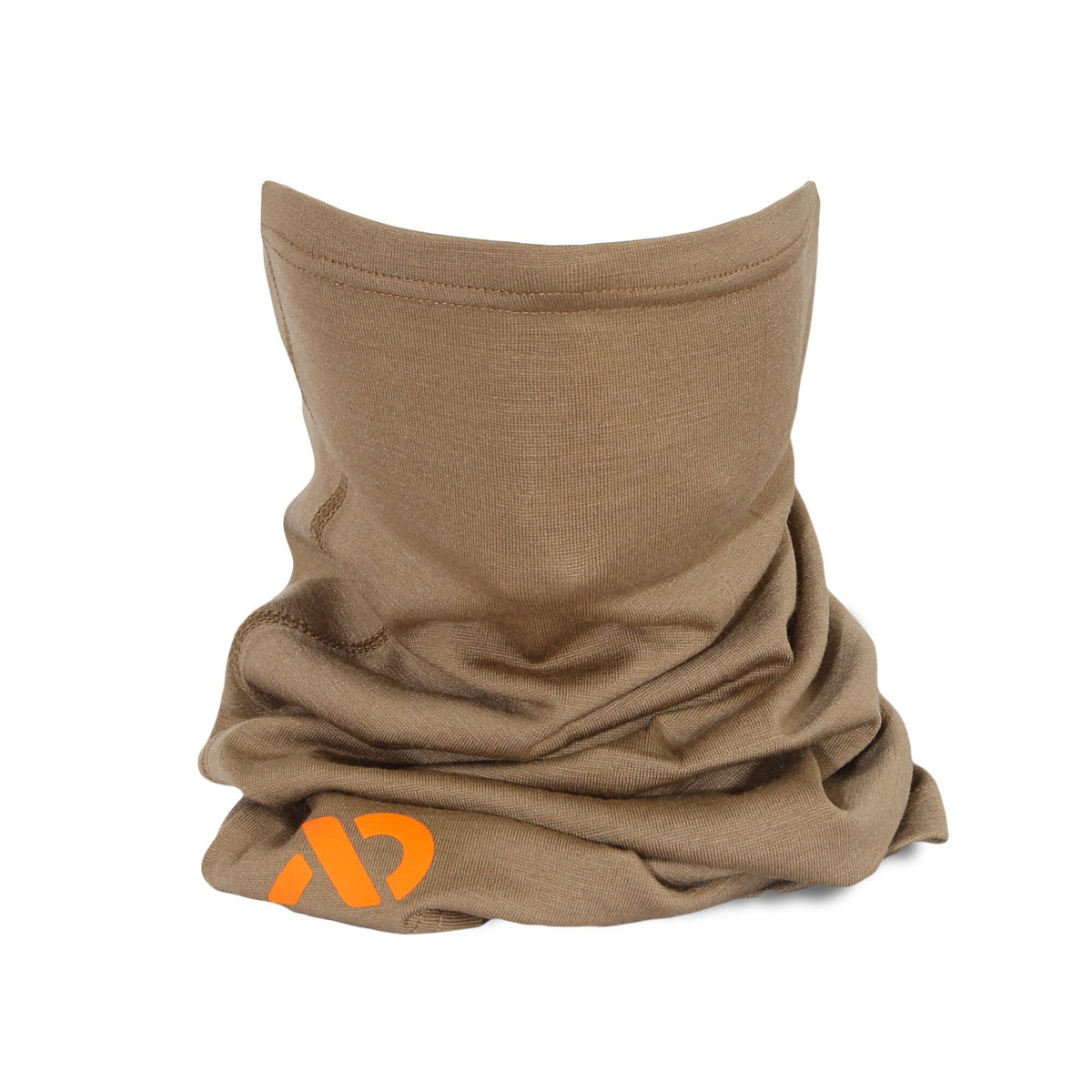 Coyote brown knit neck gaiter with an orange logo.