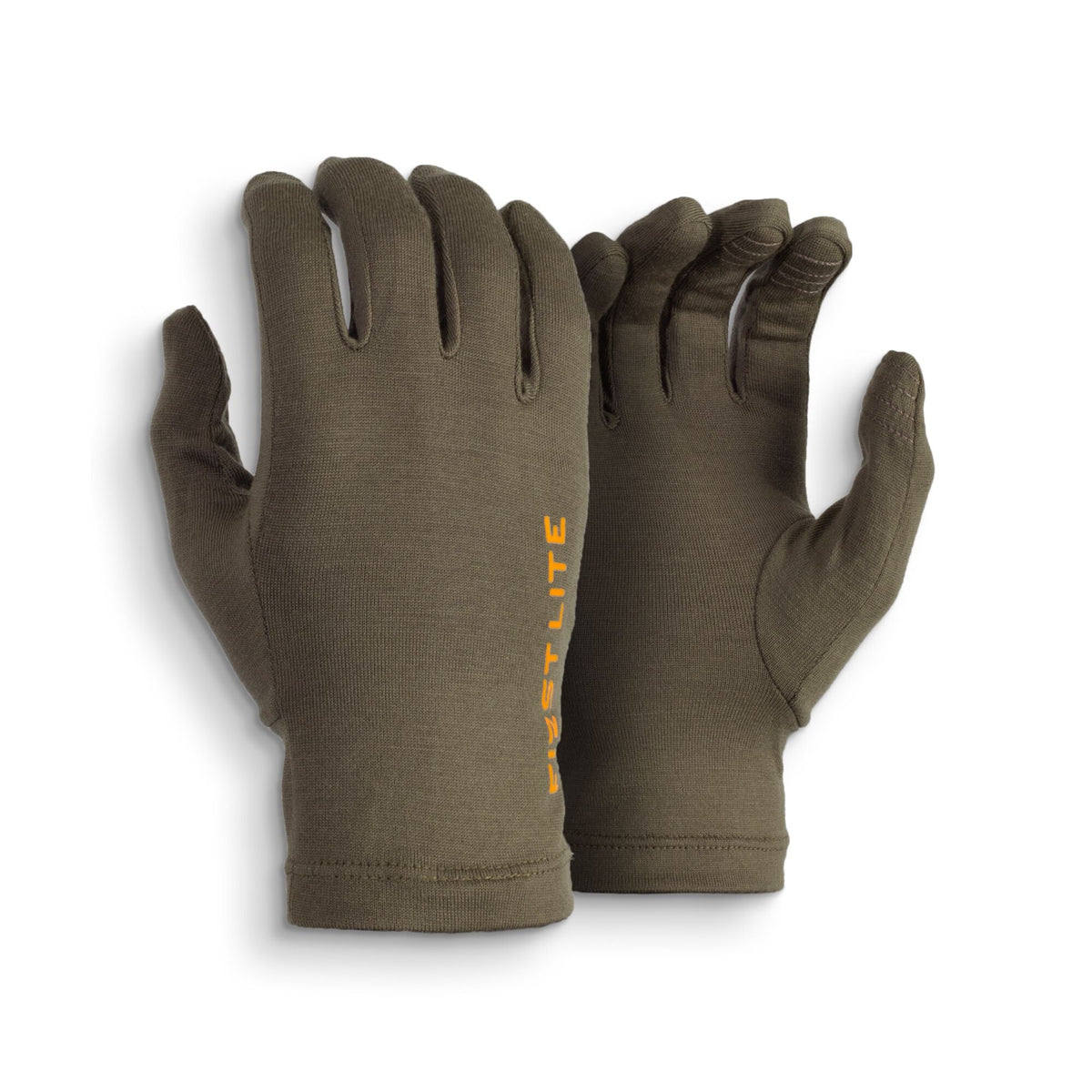 A pair of olive green full-fingered gloves featuring orange "FIRST LITE" text on the left glove and textured fingertips.
