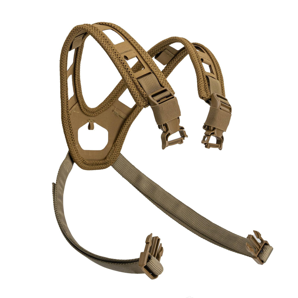 Coyote brown tactical harness with mesh-padded shoulder straps, a Y-shaped back panel with cutouts, and adjustable webbing straps with quick-release buckles.