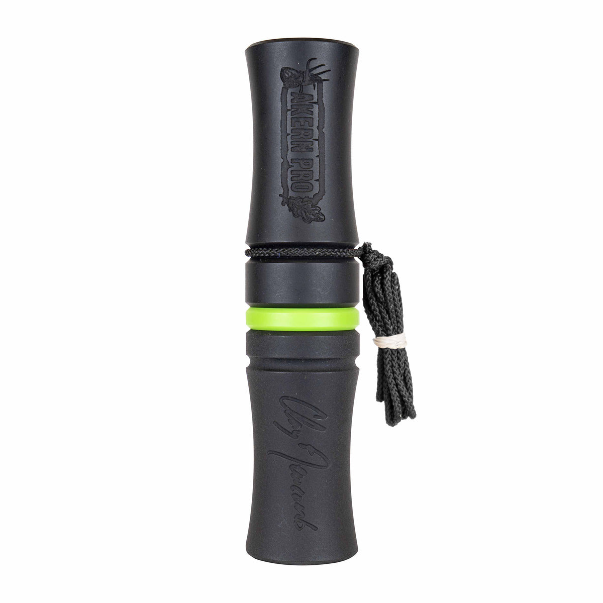 Matte black game call with a bright lime green middle band, embossed 'AKERON PRO' branding, and a black braided lanyard.