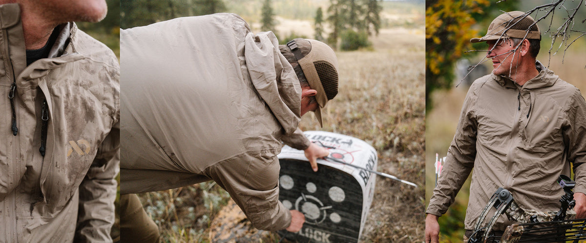 Tan hooded lightweight jacket with full-zip closure and chest pocket.