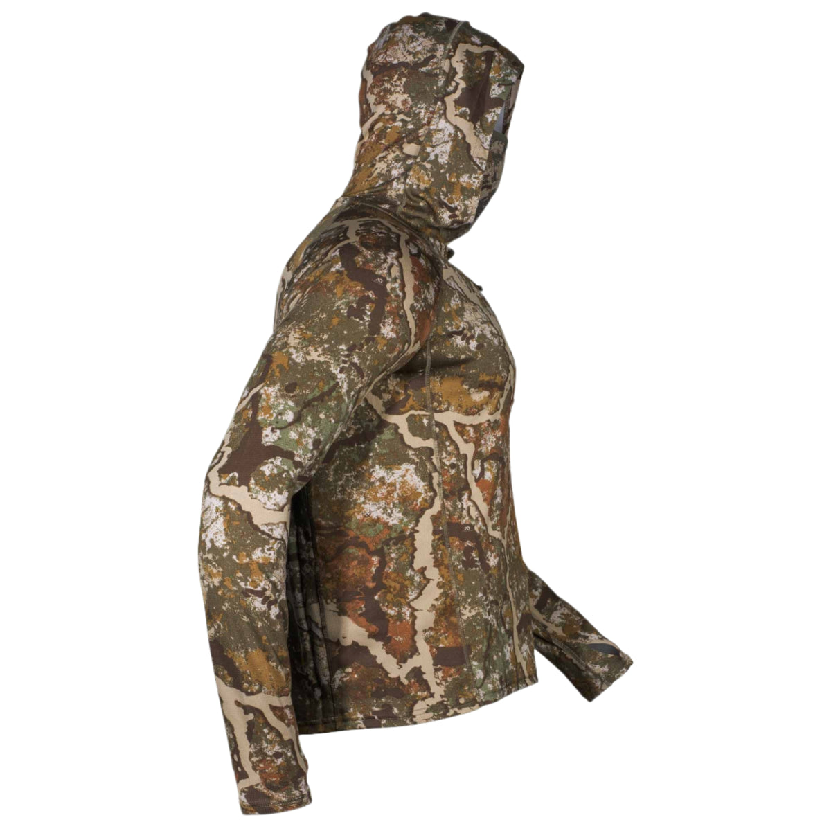 Camouflage long-sleeve hoodie with integrated face mask and quarter-zip.