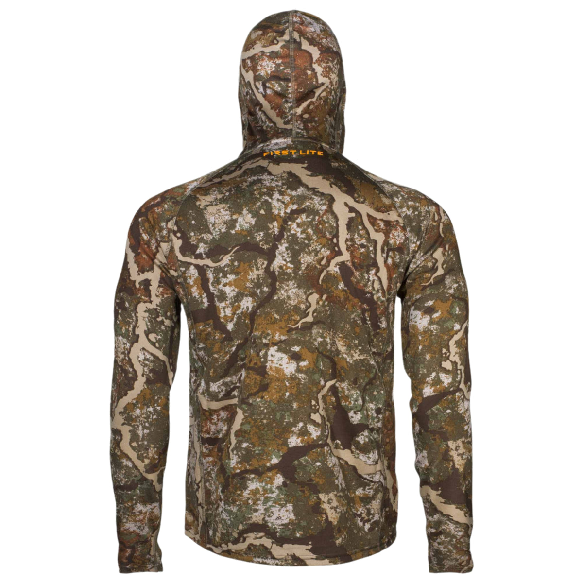 Rear view of a men's hooded long-sleeve shirt in a green, brown, tan, and white camouflage pattern, with an orange "FIRST LITE" logo on the back.