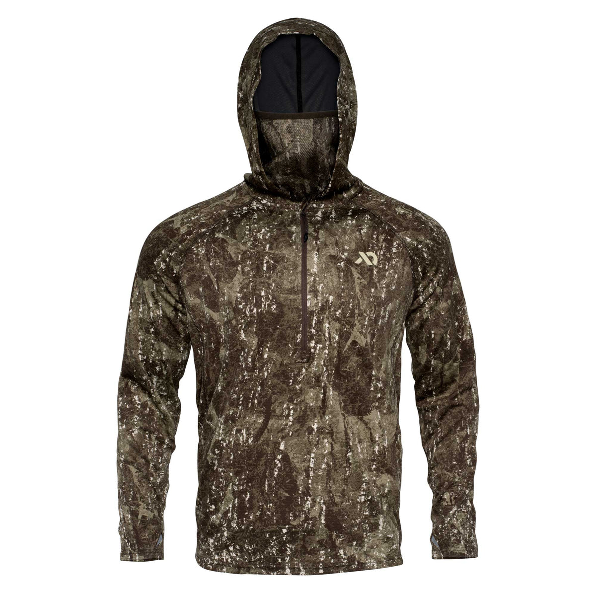 Dark brown and green camouflage long-sleeve hooded shirt with a built-in face mask and quarter-zip.