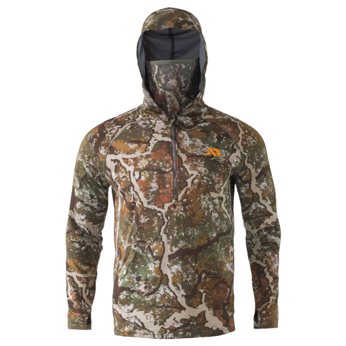 Camouflage hooded quarter-zip shirt with built-in face mask, orange logo on the chest, and thumbholes.