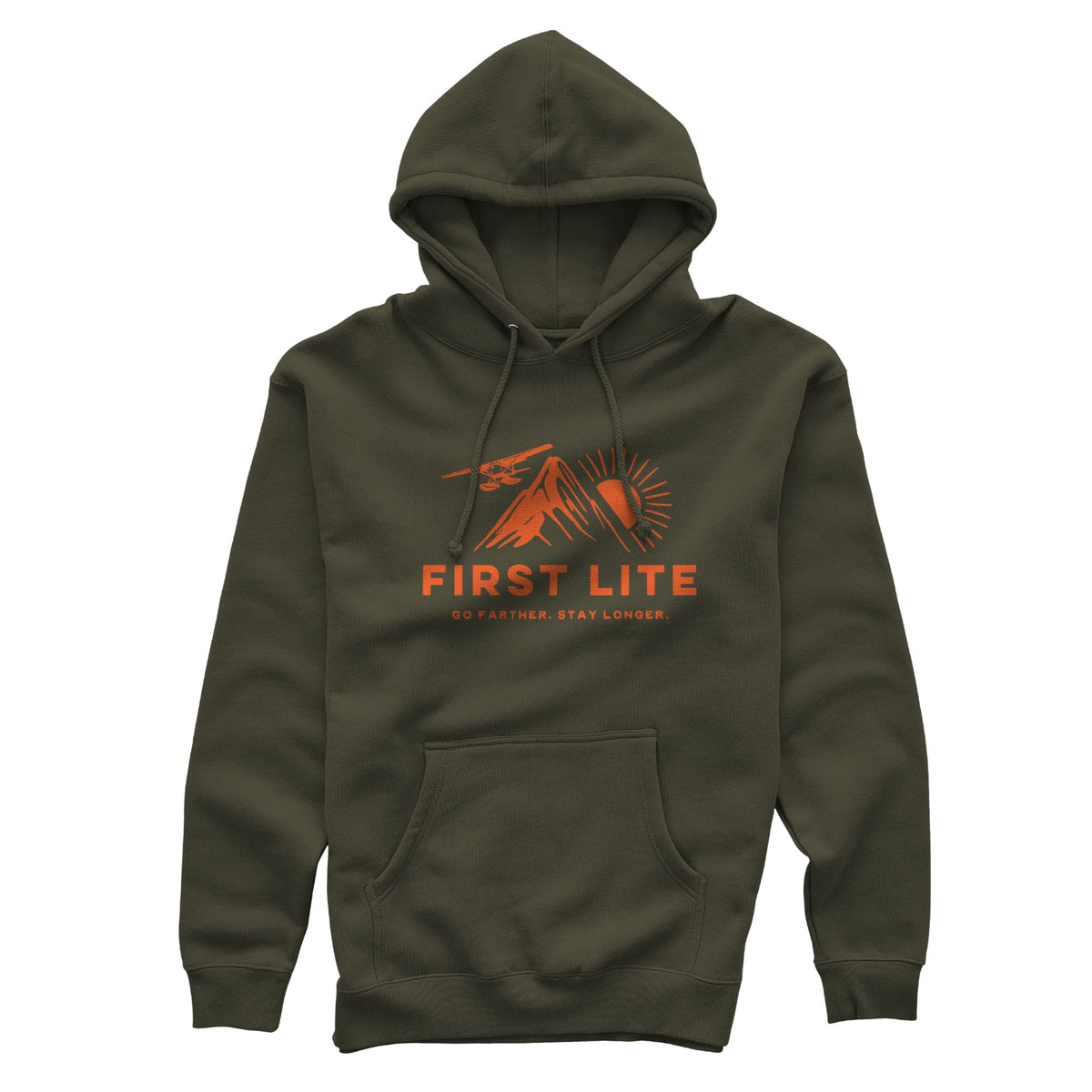 Green army hoodie featuring an orange "FIRST LITE" graphic with mountains, a sun, and an airplane, plus a front kangaroo pocket.