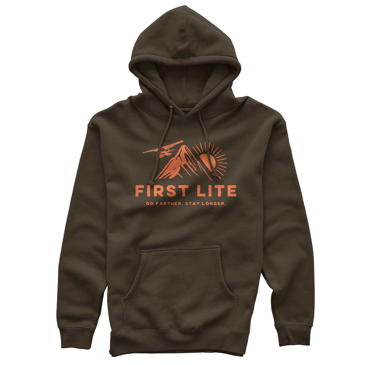 Dark brown hoodie featuring an orange-red "FIRST LITE" graphic with mountains, a sun, and an airplane, plus a front kangaroo pocket.