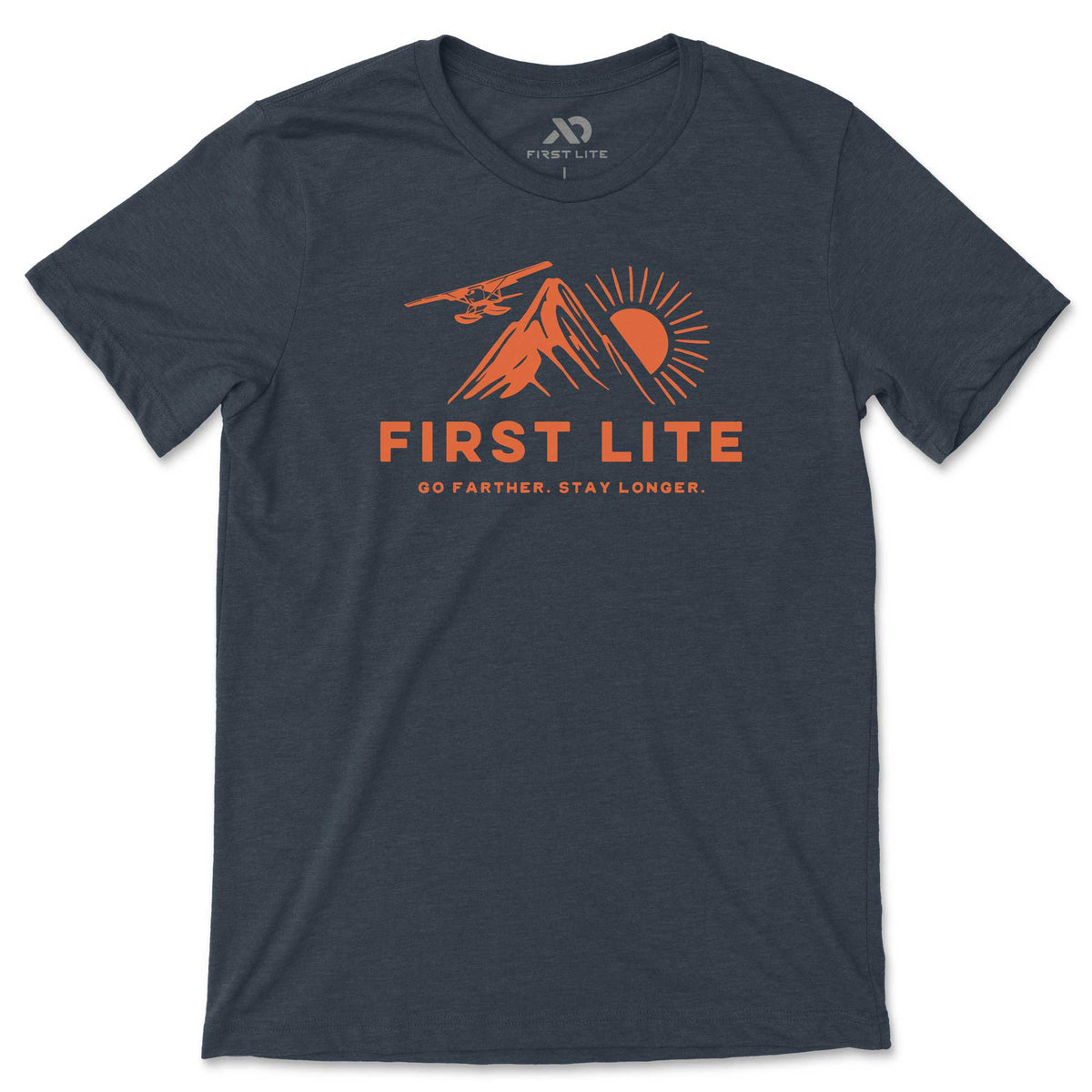 Heathered dark grey t-shirt with an orange graphic of a mountain, sun, airplane, and 'FIRST LITE Go Farther. Stay Longer.' text.
