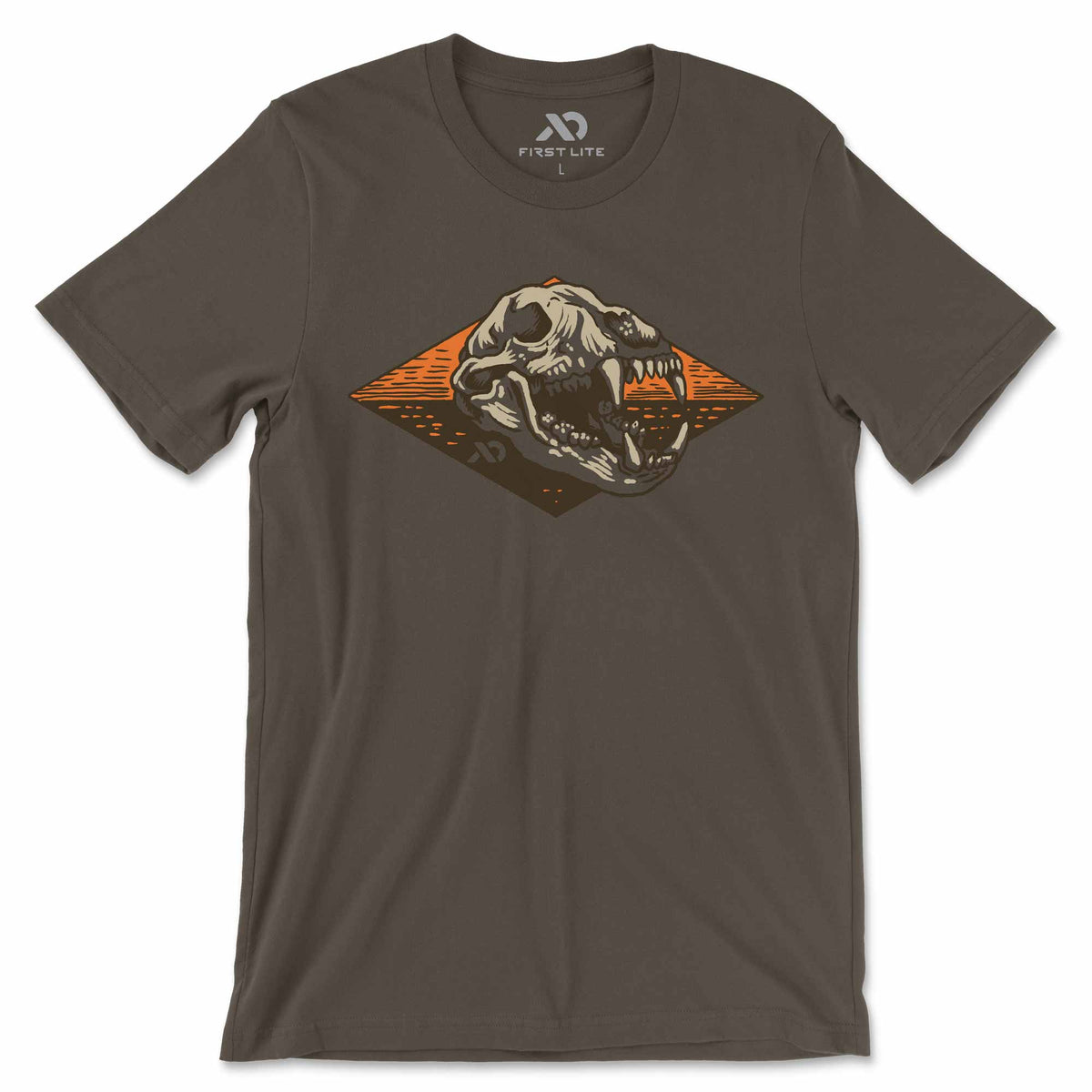 Brown t-shirt with a bear skull design on a white background