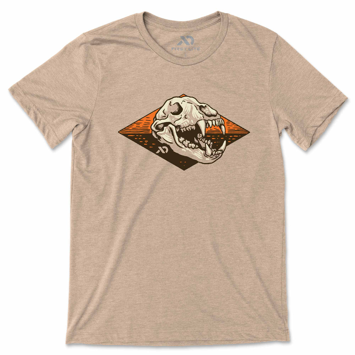 Beige t-shirt with a graphic of a bear skull on a white background