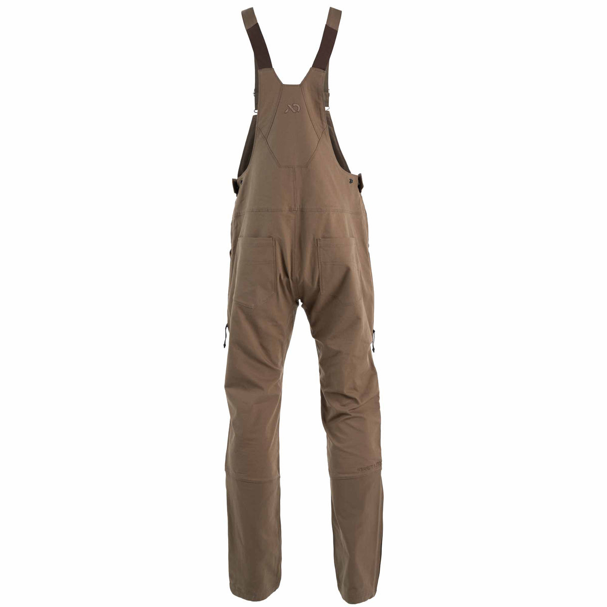 A pair of brown bib overalls with adjustable shoulder straps, shown from the back against a plain white background.