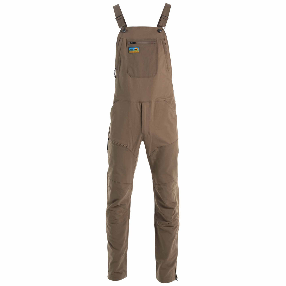 A pair of brown waterproof bib overalls with adjustable shoulder straps, a front chest pocket, and reinforced knee and thigh panels, shown against a plain white background.