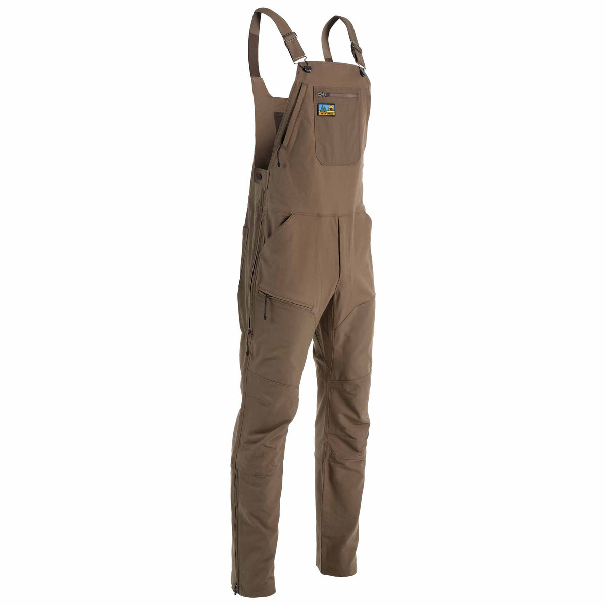 A pair of brown overalls with adjustable shoulder straps, multiple zippered pockets, and a small logo patch on the chest, shown against a plain white background.