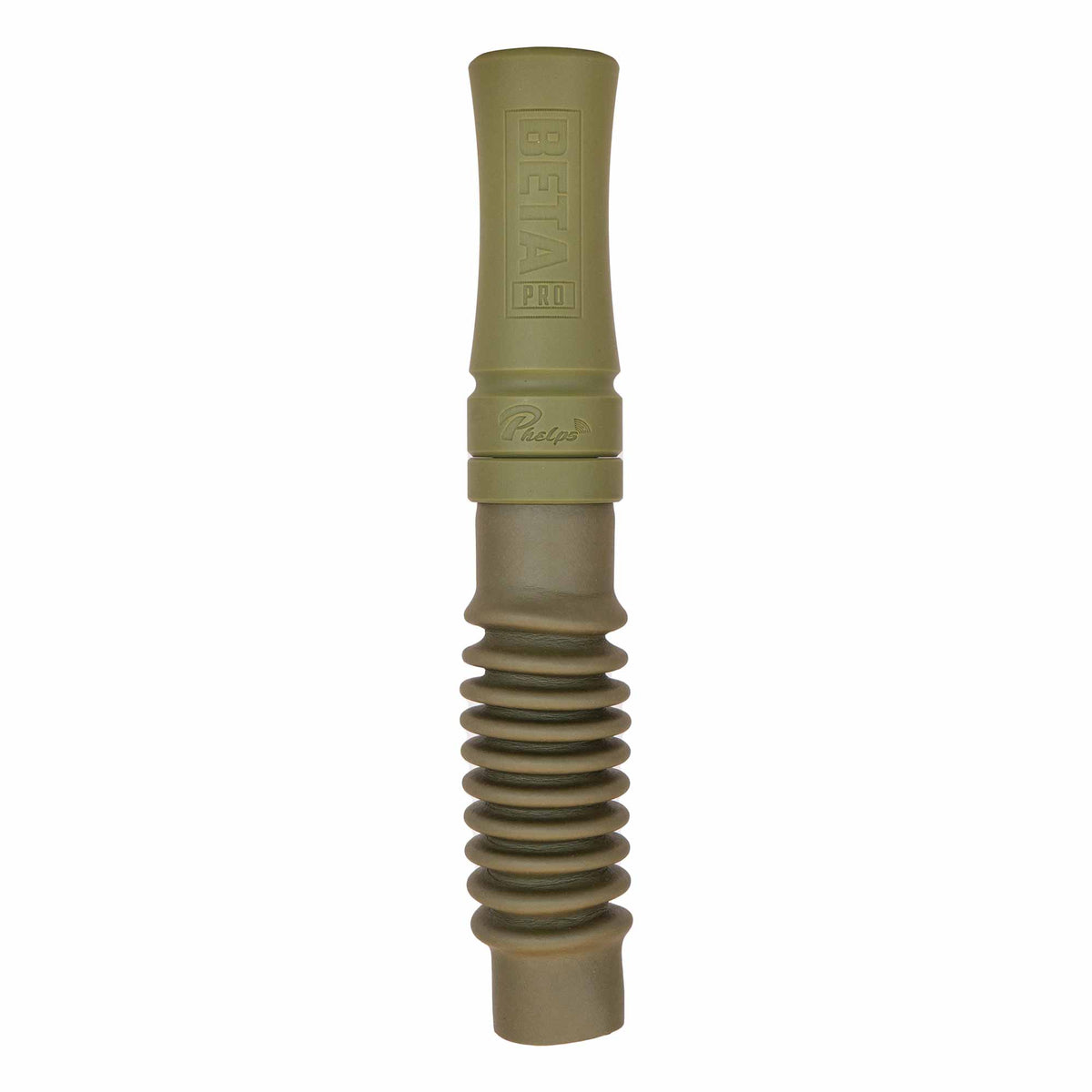 Olive green BETA PRO Phelps hunting call with a corrugated bellows section.