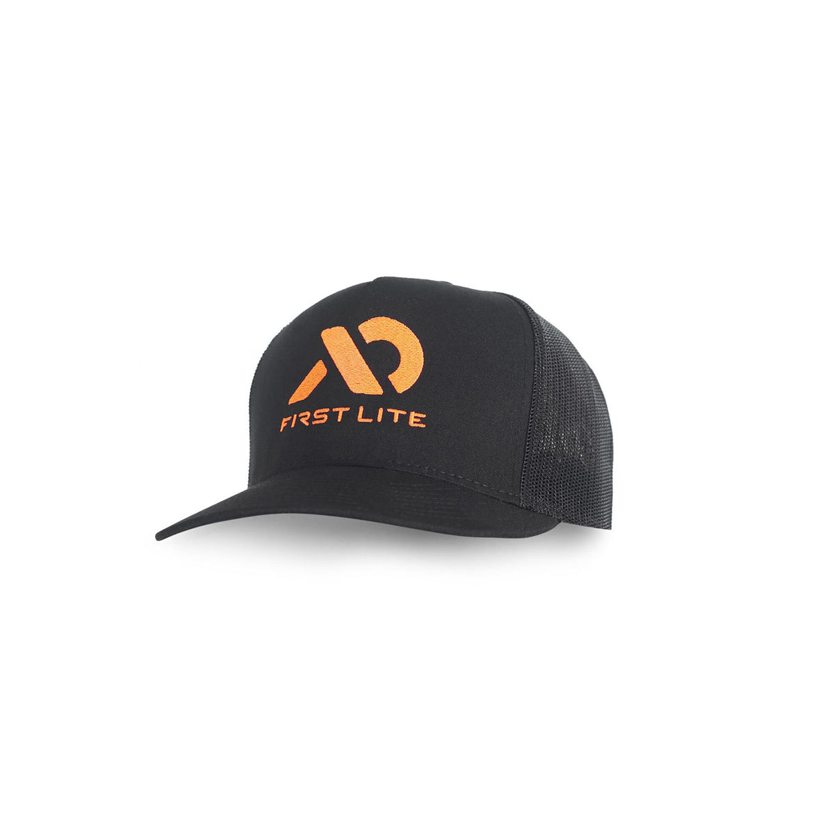 Black mesh-back trucker cap with an orange First Lite logo on the front.