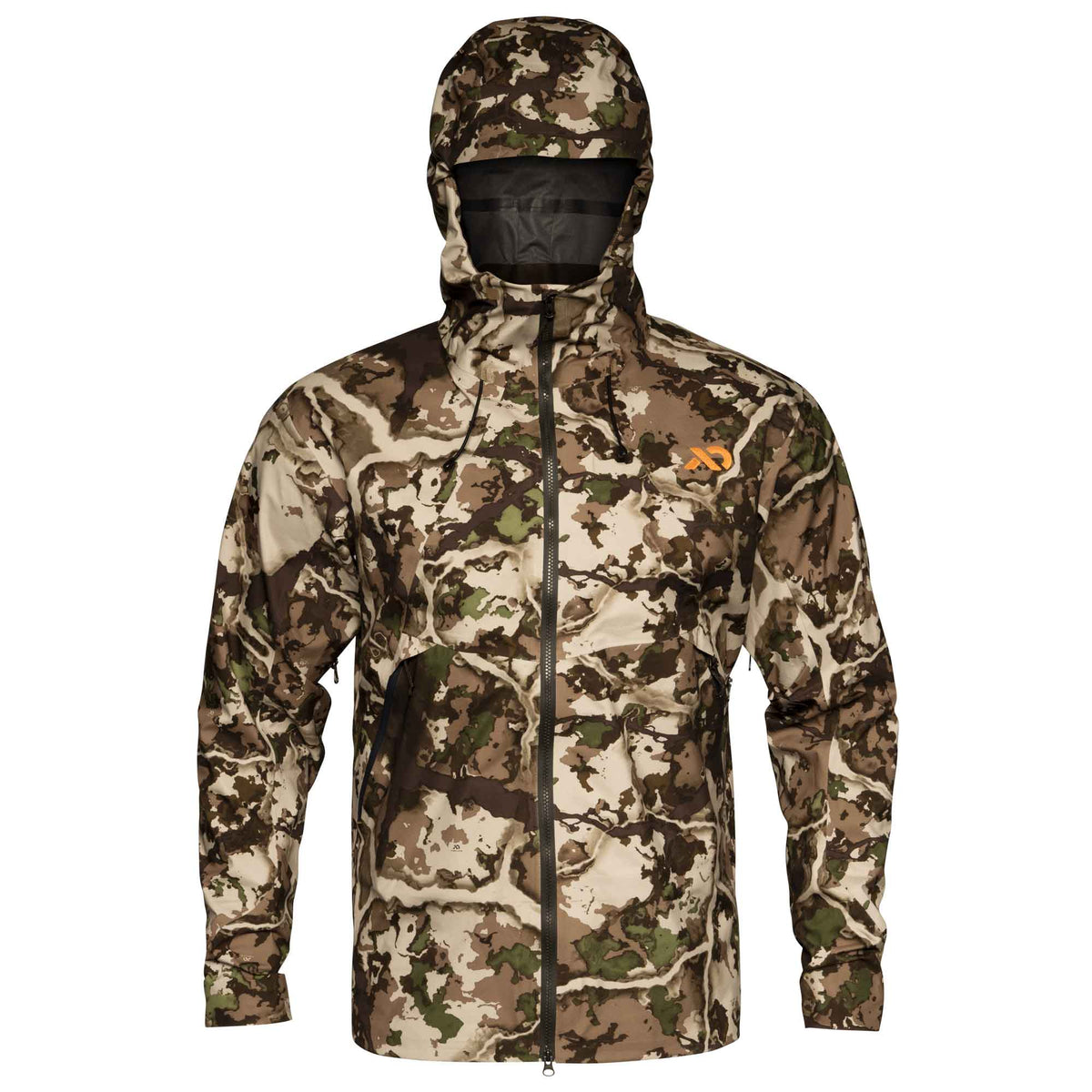 A First Lute Fusion hooded Borah rain jacket, shown on a plain white background. A small orange First Lite logo is visible on the left chest.