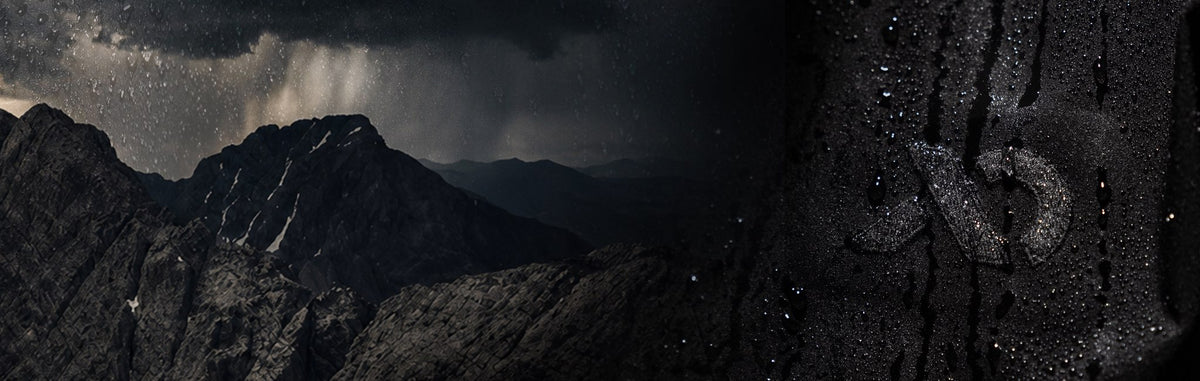 Dark dramatic mountain landscape under storm clouds with rain shafts, shown alongside a close-up of a dark textured surface with water droplets.