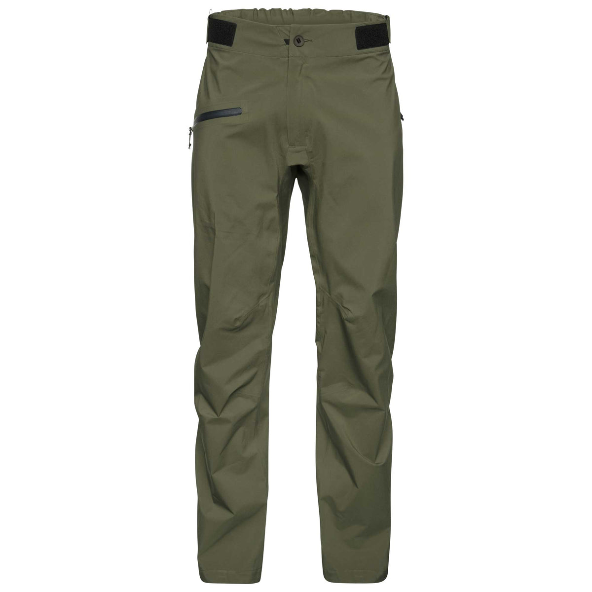 Olive green technical rain pants with black accents on the waistband and a zippered pocket, shown against a plain white background.