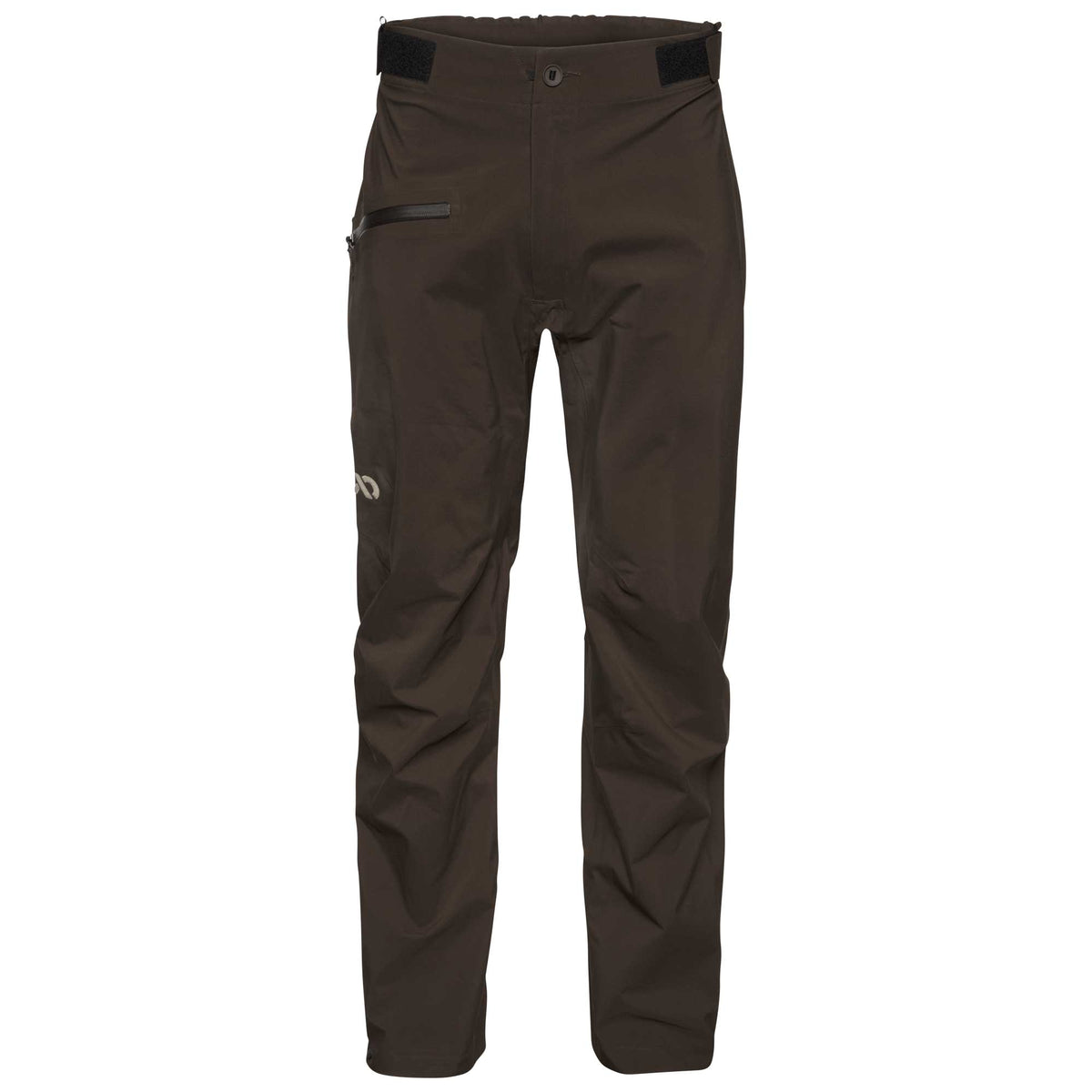 A pair of dark brown technical rain pants shown flat against a solid white background.