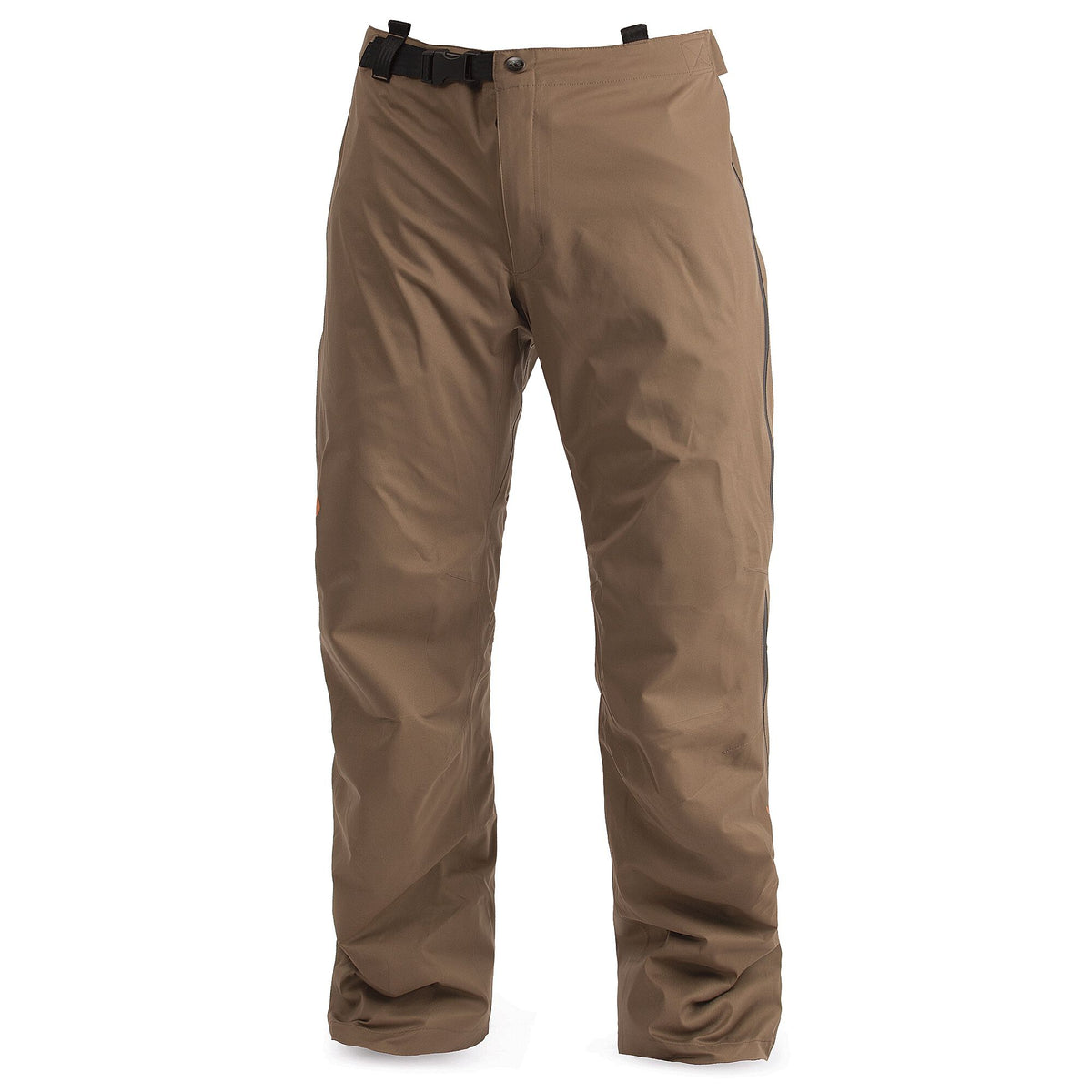 Brown outdoor pants with a black buckle belt, button closure, and dark vertical piping on the outer seams.