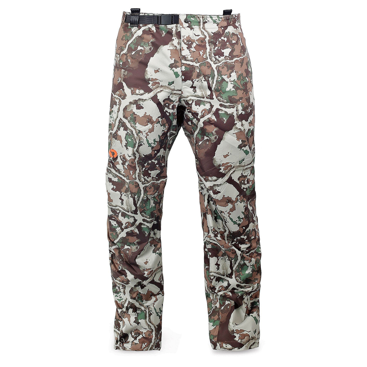 Camouflage hunting pants in brown, green, and white tree-bark pattern, with a black belt and an orange logo on the left leg.