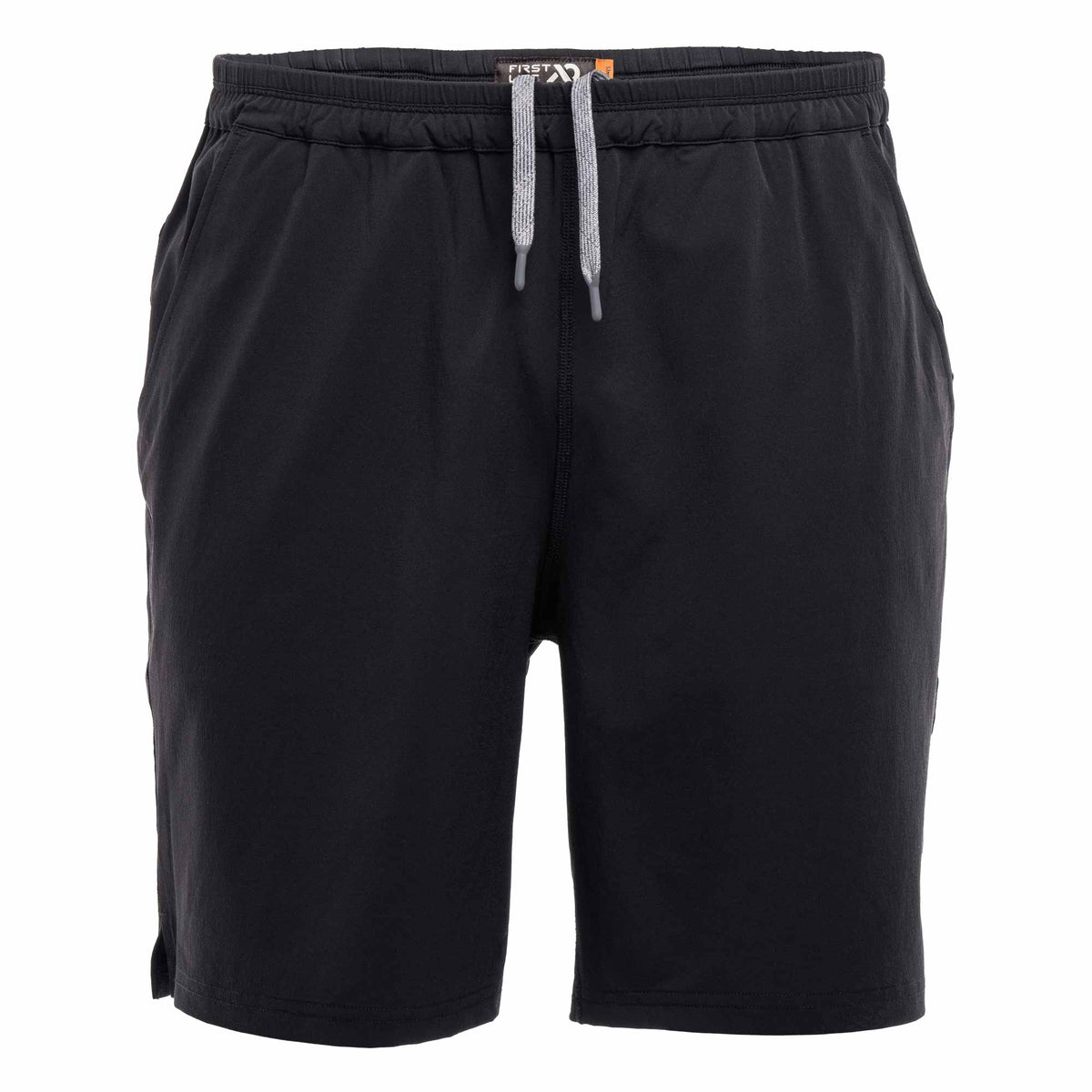 Black shorts with a gray drawstring on a white background
