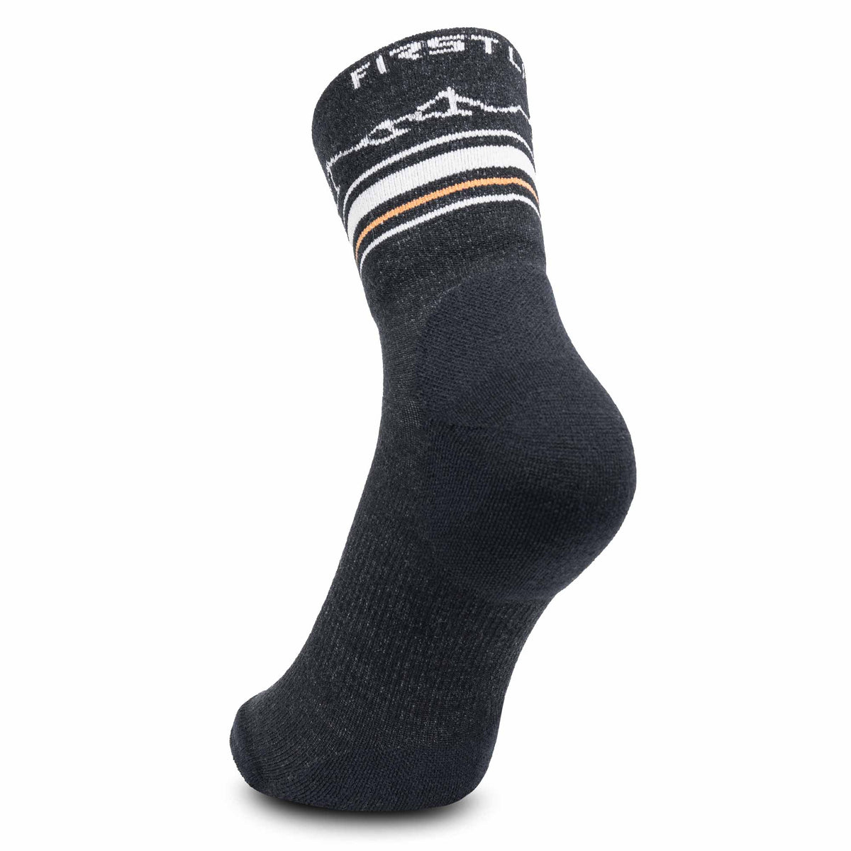 Black sock with striped pattern on a white background