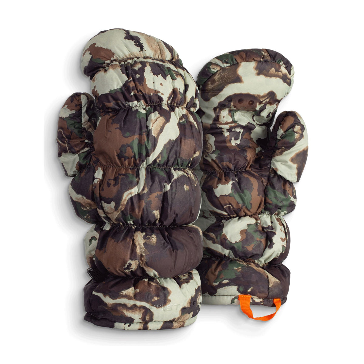 A pair of puffy brown, green, and beige camouflage mittens with an orange loop on the right cuff.