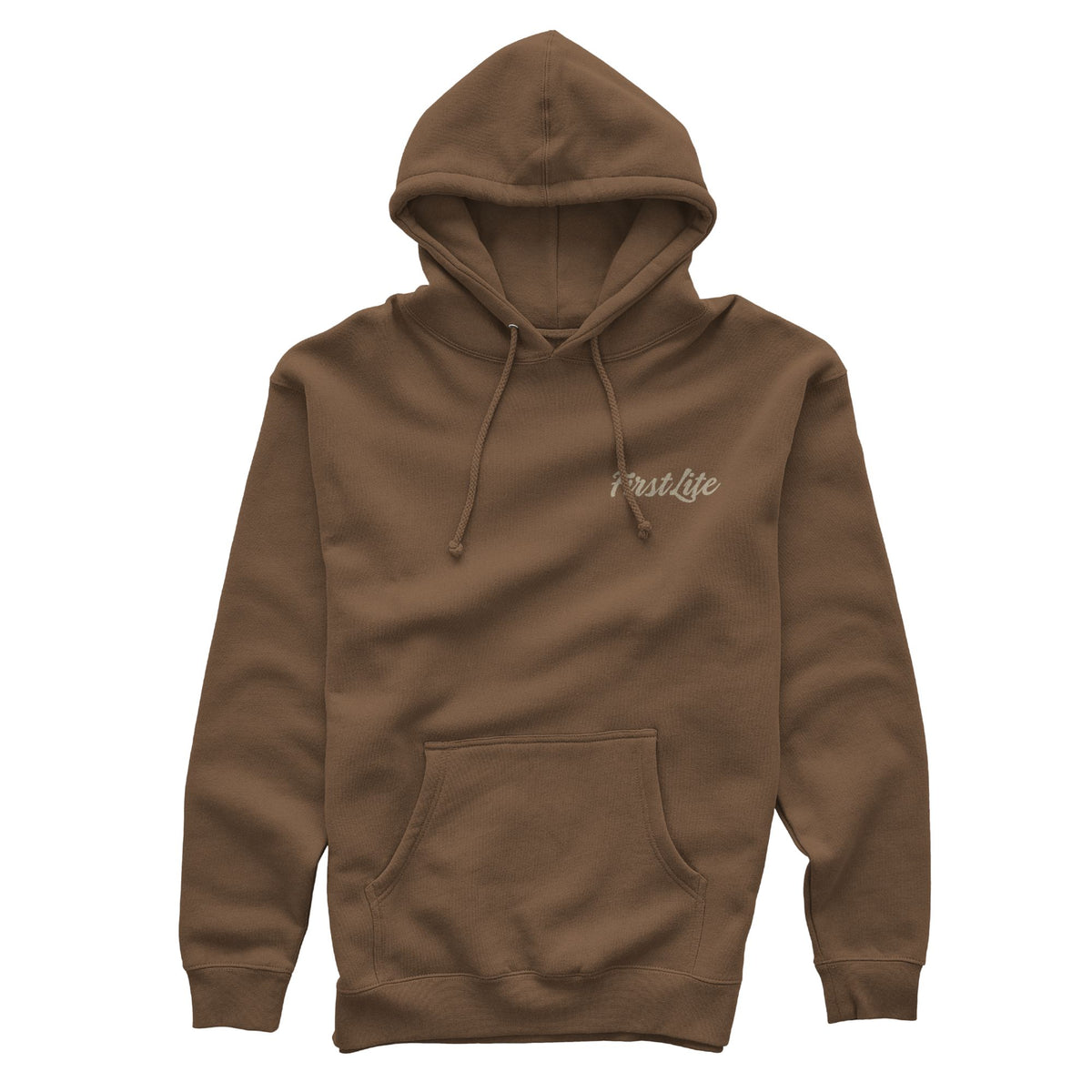 Brown hoody with beige 'First Lite' logo, drawstring hood, and kangaroo pocket.
