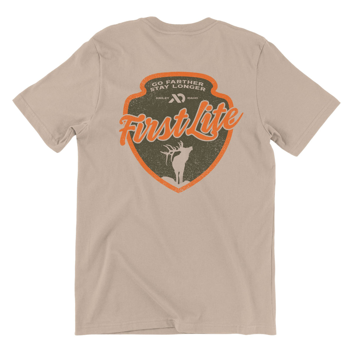 Beige T-Shirt featuring "FIRST LITE" in the center and "GO FARTHER STAY LONGER" with a deer below