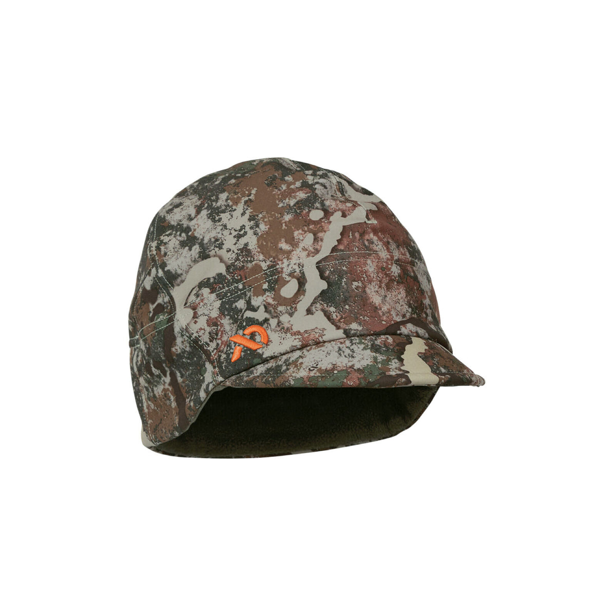 Brown, green, and gray camouflage hunting cap with a short brim, integrated ear coverage, an orange embroidered logo, and a dark fleece lining.