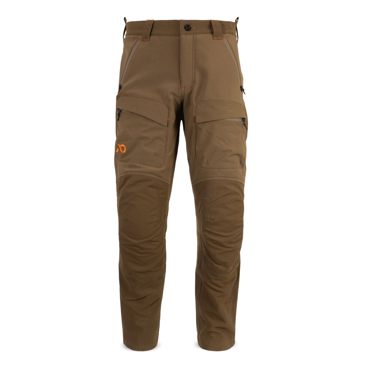 Earth tone brown utility pants with zippered cargo pockets, reinforced knees, and an orange logo on the thigh.