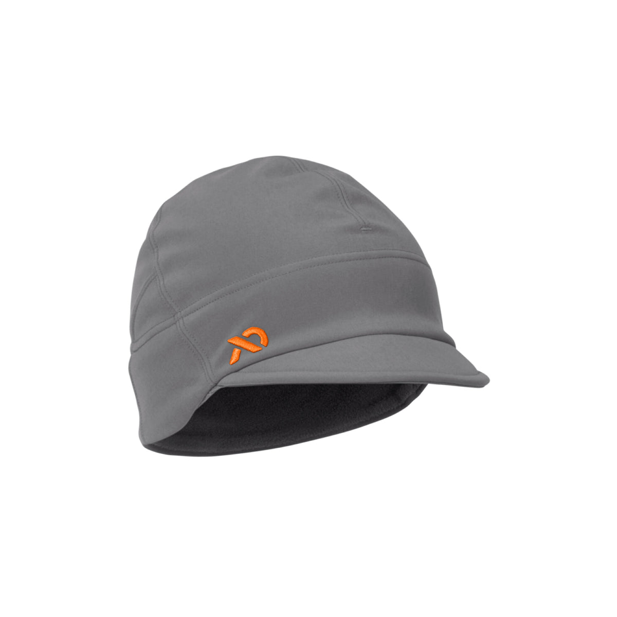Gray fleece-lined winter cap with a brim, ear flaps, and an orange ribbon-shaped logo.