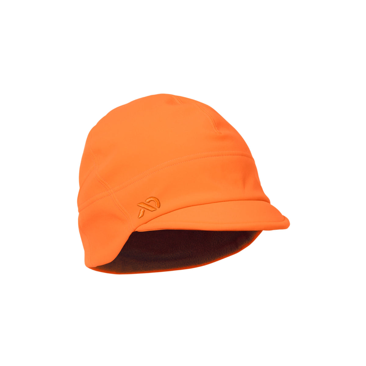 Blaze orange beanie with a short brim, ear flaps, and an embroidered logo.