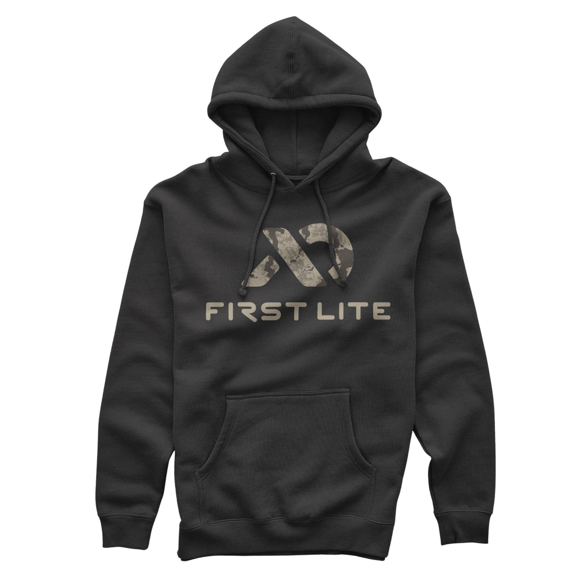 Black hoodie with a drawstring hood, kangaroo pocket, and a front graphic of a camo-patterned stylized logo above 'FIRST LITE' text.
