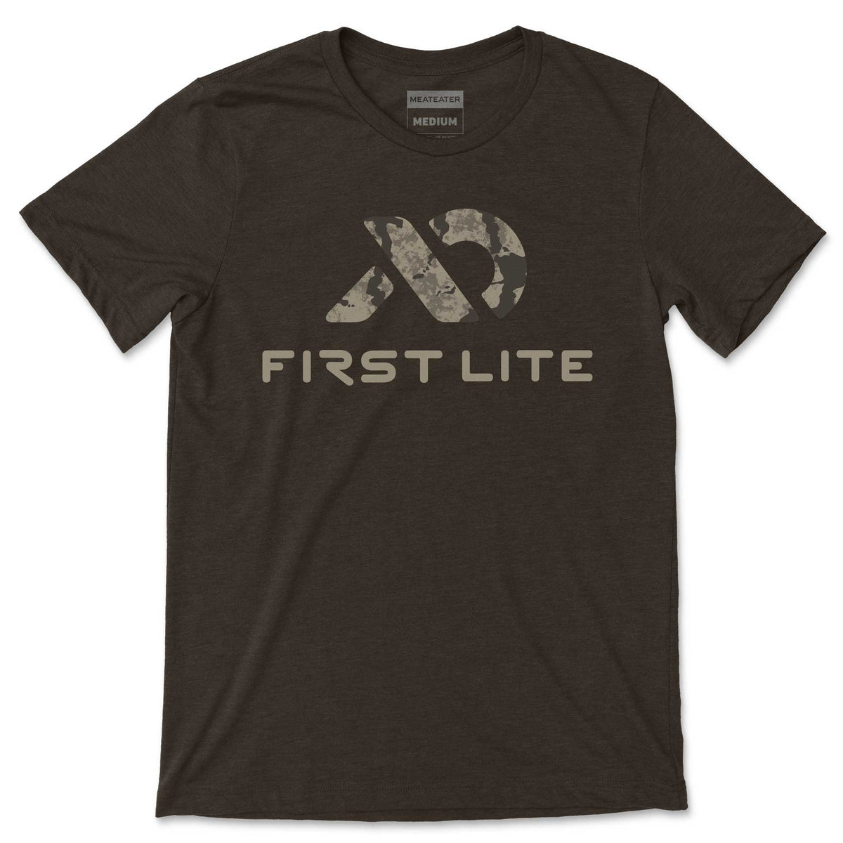 Dark heather brown t-shirt with a camouflage pattern logo and "FIRST LITE" text on the chest, and "MEATEATER MEDIUM" printed on the inner collar.