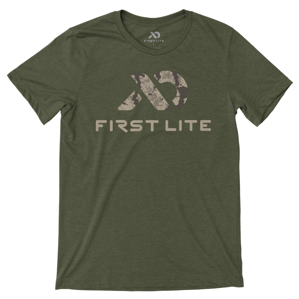 Heather military brown t-shirt with a camouflage pattern logo and "FIRST LITE" text on the chest