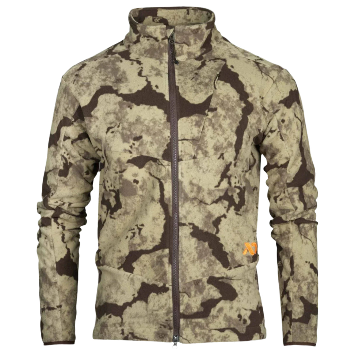 Tan and brown camouflage full-zip fleece jacket with a stand-up collar, zippered breast pocket, and orange logo.