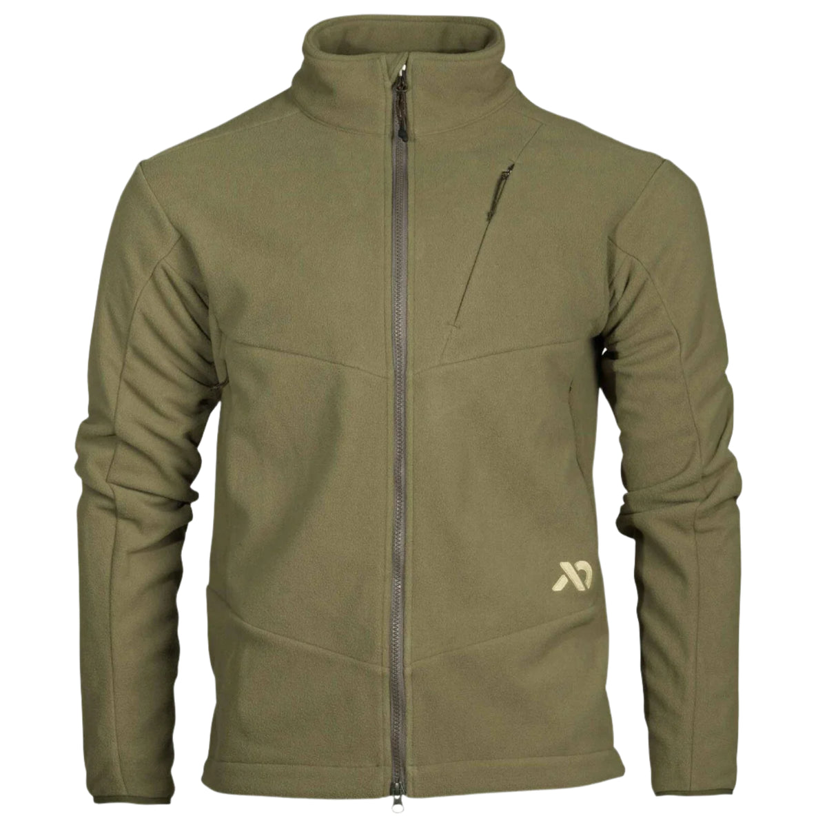 Olive green full-zip fleece jacket with a high collar, zippered chest pocket, and a light-colored logo on the lower left.