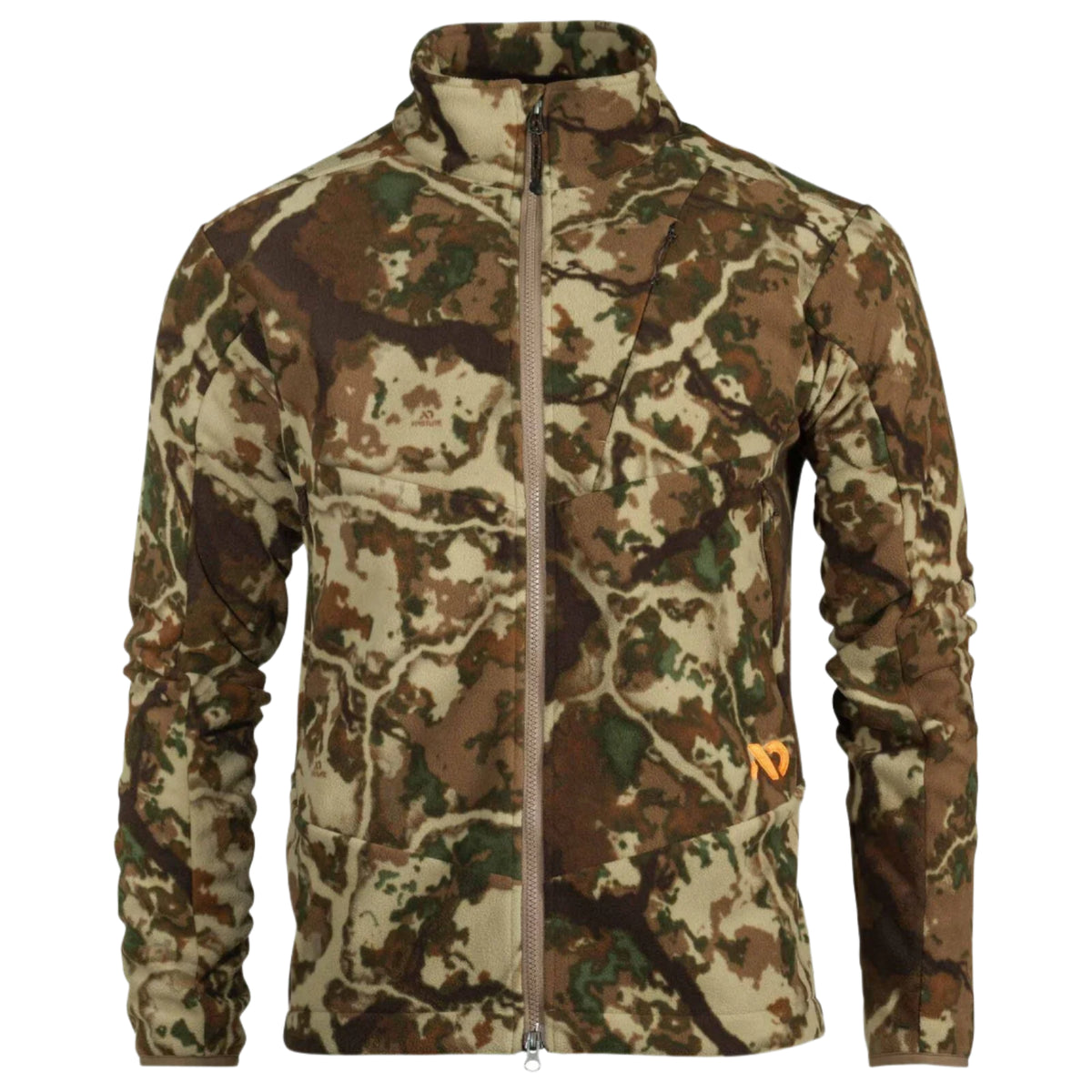 Brown, green, and tan camouflage fleece jacket with a full-zip front, stand-up collar, and zippered chest pocket.